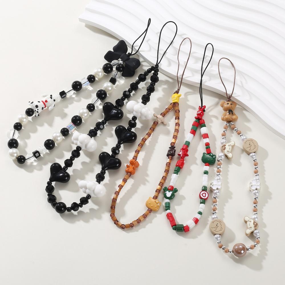 Black Beaded Mobile Phone Charm Ins Stringed Pearls Love Phone Lanyard Short Carrying Strap Drop-Resistant Phone Ornaments
