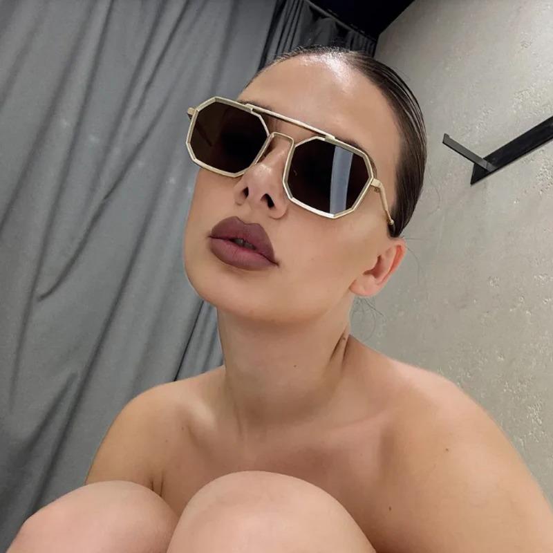 New Double Beam Metal Large Frame Sunglasses UV400 Protection Fashion Women Men Sun Glasses Black Brown Mirror Eyewear