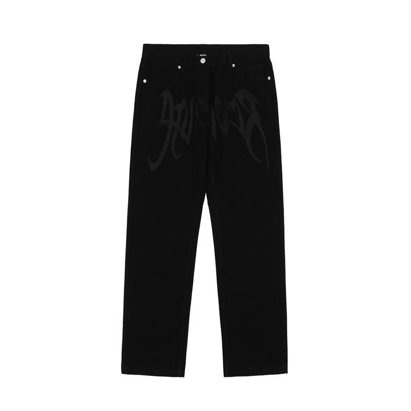 New Fashion Retro Black Embroidered Letter Jeans Street Hip Hop Loose Casual Pants