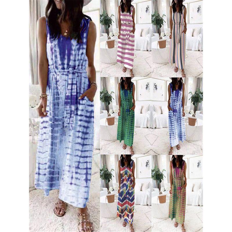 

Модный стиль Летняя мода Женская одежда Amazon Wish Новое поступление Свободный принт Серия жилетов Платье с поясом Женская мода Light blue 4XL