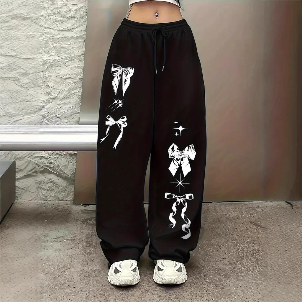 Kadın Yüksek Bel Geniş Bacak Pantolon, Gotik Ejderha Baskılı, Ayarlanabilir İpli, Hafif Günlük Uzun Pantolon