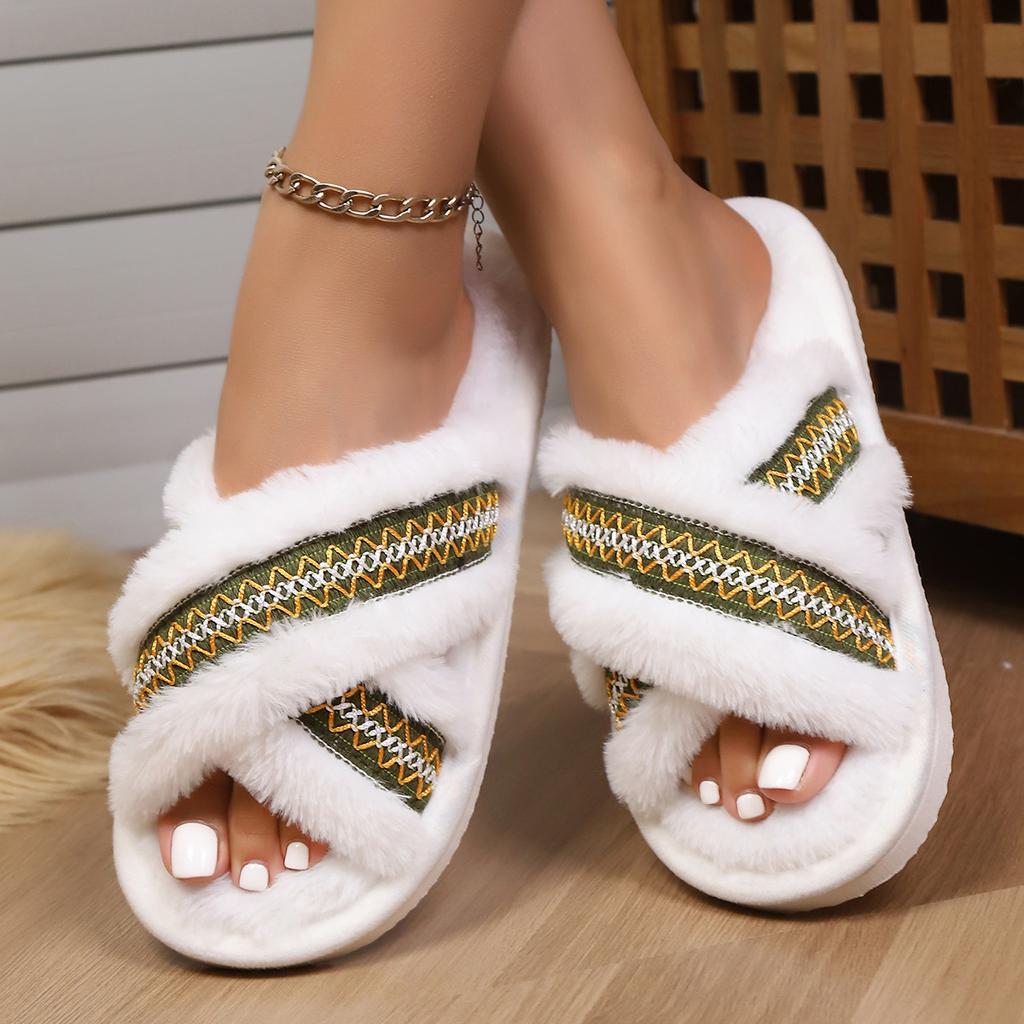 Memory Foam Fuzzy Slippers for Women Open Toe House Shoes Faux Fur Cross Band Indoor Outdoor Slippers Women's Anti-Slip Winter Warm Plush Slippers