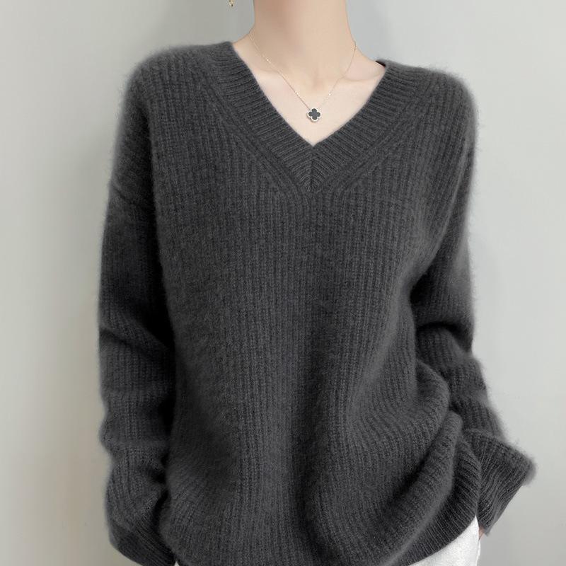 Women's V-Neck Loose Pullover Sweater, 2025 Autumn/Winter Wool Knit Outerwear