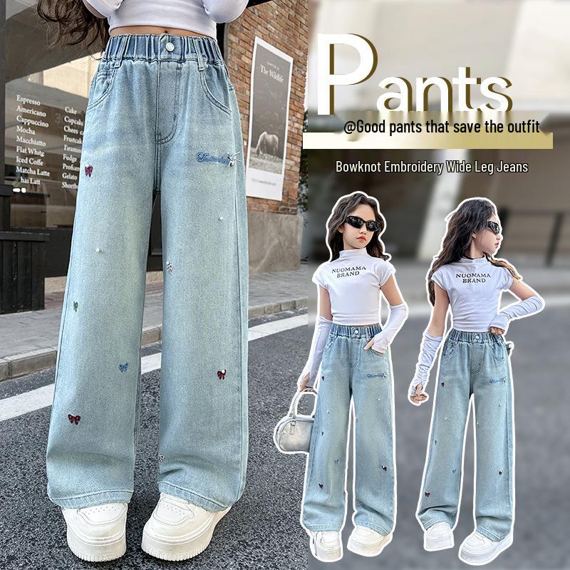 

2025 Джинсы для девочек, светлые, широкие, с вышивкой - Весенне-осенний корейский стиль 150 джинсовый синий