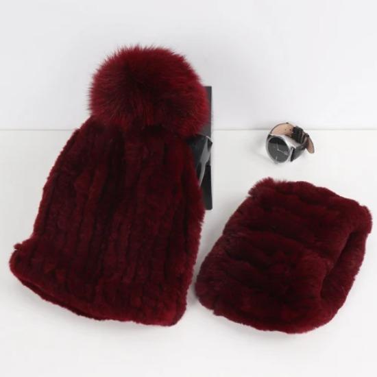 New Fashion Knitted Good Elastic Real Fur Scarf Hat Sets Women Winter Warm Natural Rex Rabbit Fur Scarves Hats Sets