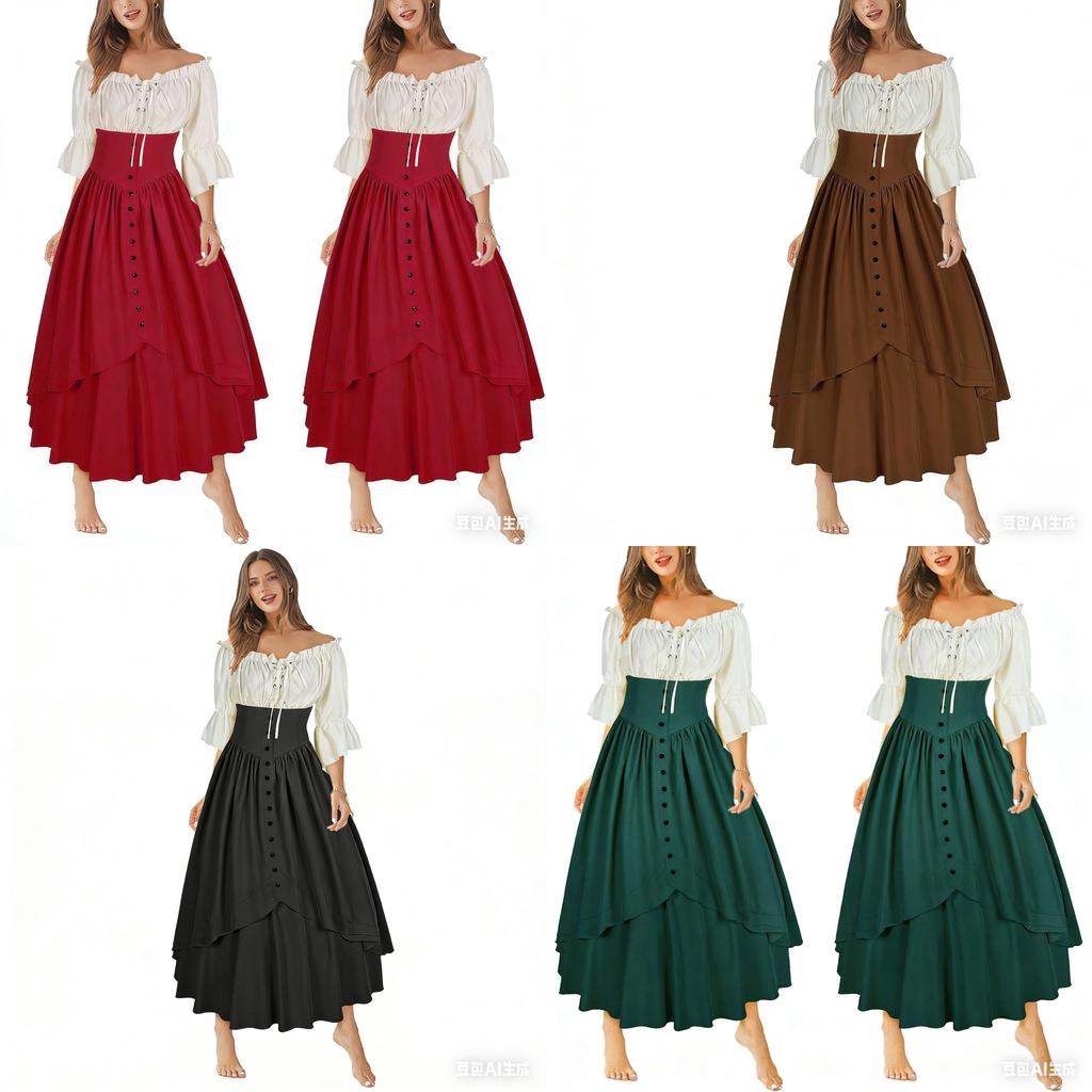 Renaissance Costume Dress With Asymmetric Hem And Puffed Sleeves For Artistic Cosplay And Vintage Events