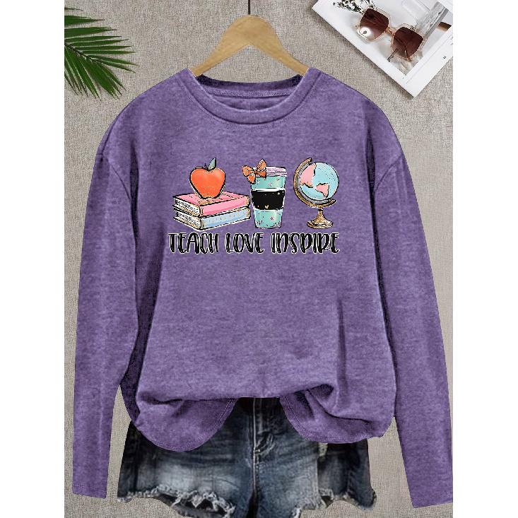 Teacher s Day elegant women s round neck long sleeve T-shirt with gift print, fashionable, suitable for all seasons. S