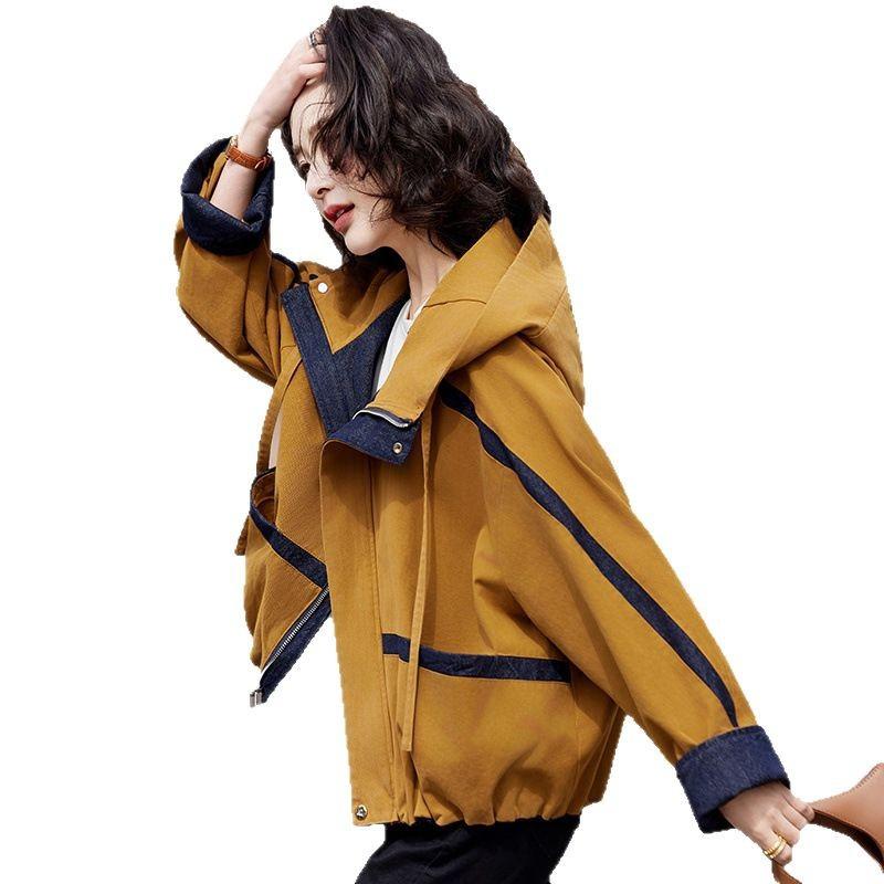 Spring and Autumn New Design Sense Casual Loose Coat Women's Contrasting Color Hooded Jacket Top