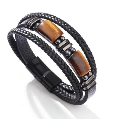 Men's Multi-Layer Tiger Eye Stone & Leather Bracelet with Magnetic Buckle