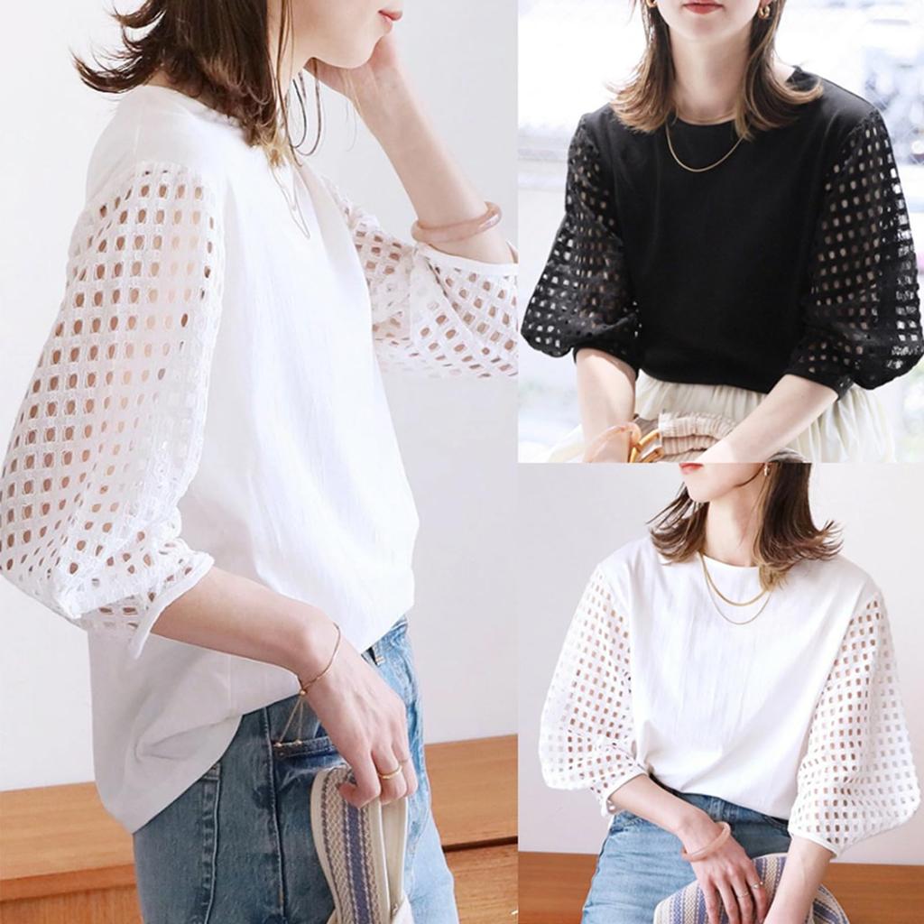 Short Sleeve Switchable Round Cut and Dolman Docking Covers Your Body Everyday Summer [7-livehouse] Women's T-Shirt, Tee-Shirt, Mesh, Top, Neck, Sew,