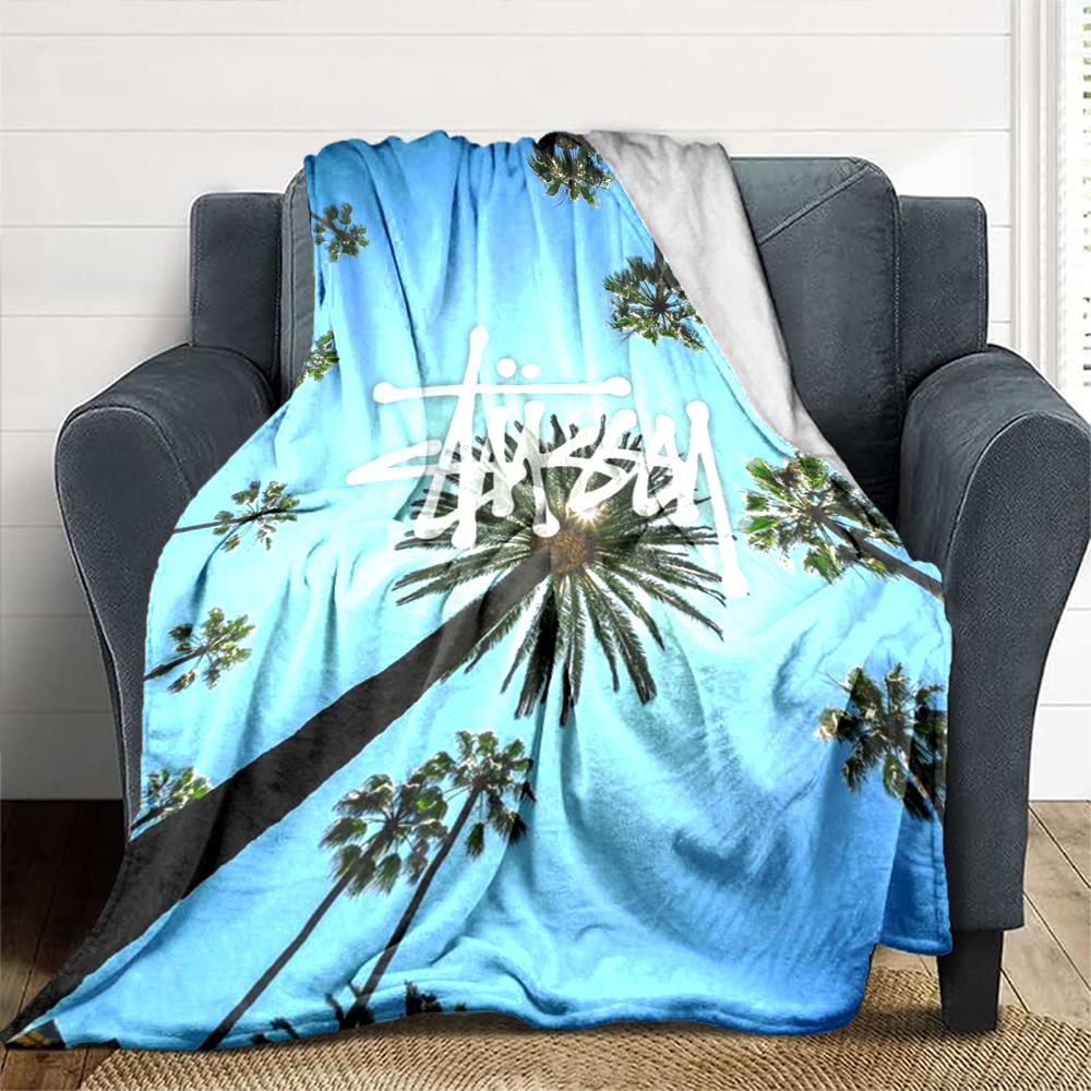 Blue Sky Palm Tree Signature Logo Flannel Blanket, Tropical Summer Beach Style Soft Throw Blanket