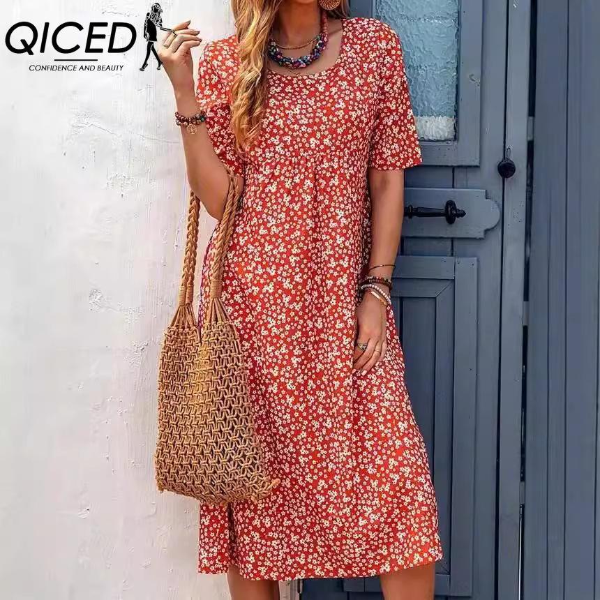 QICED Damemote Sommer Våren Ensfarget Print Kortermet O-hals Høy midje Uformelle kjoler