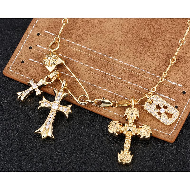High-End Rhinestone Double Cross Pendant Necklace with CH Chrome Hearts Design