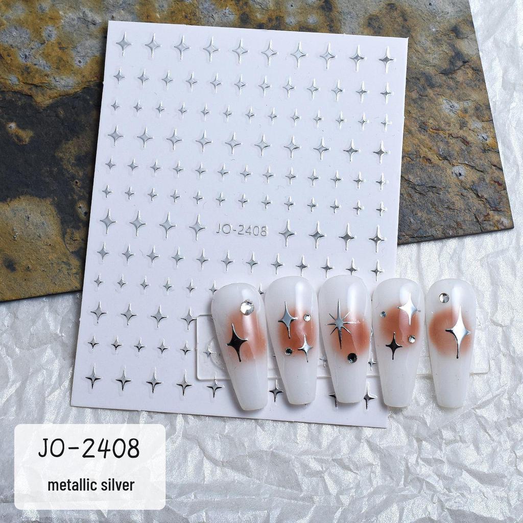 Silver Star & Moon Nail Art Stickers - Liquid Metal Love, Five-Pointed Stars, and Tiny Stars Decals.