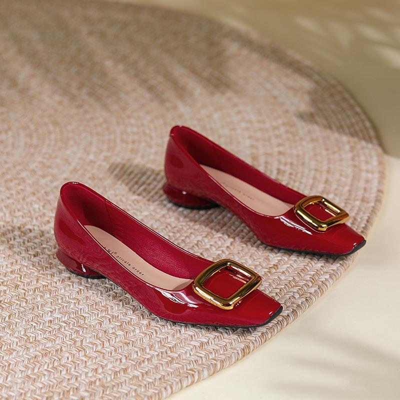 Square Buckle Single Shoes Women's Patent Leather Square Head Thick Heel Shallow Mouth Flat Heel Flat Shoes Sheepskin Pad