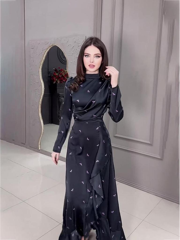 2024 Spring European & American Ruffle Print Slim Long-Sleeve Dress