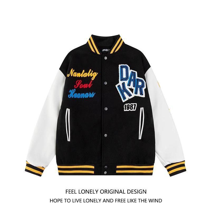 

Женская весенне-осенняя куртка-бомбер с вышивкой в стиле колор-блок для студентов M чёрный