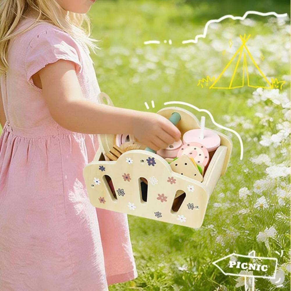 Picnic Basket Hand-held Basket Pretend Play Toys Children's Wooden Simulation Tableware Set Girls' Toys Desserts and Cakes