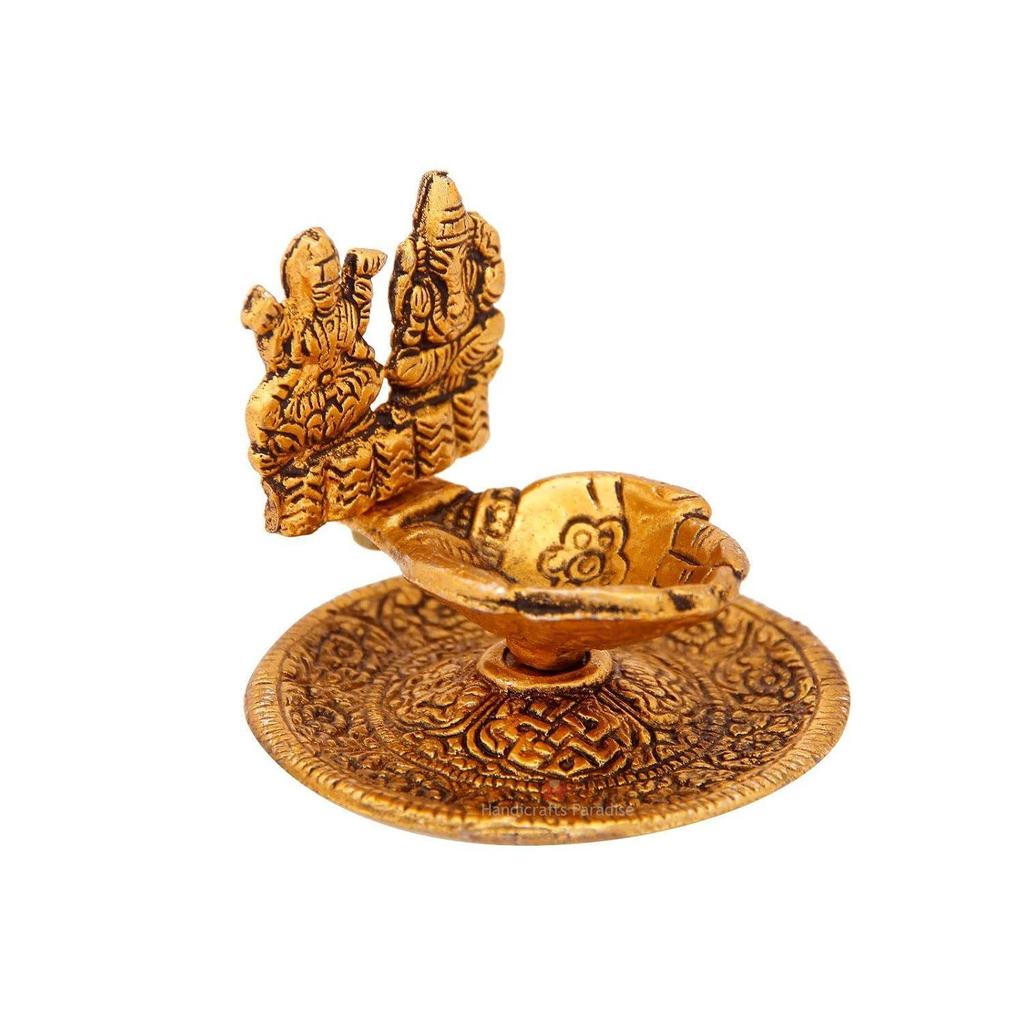 Lakshmi Ganesh Hand Diya In Metal Antique Gold Plated by Handicrafts Paradise