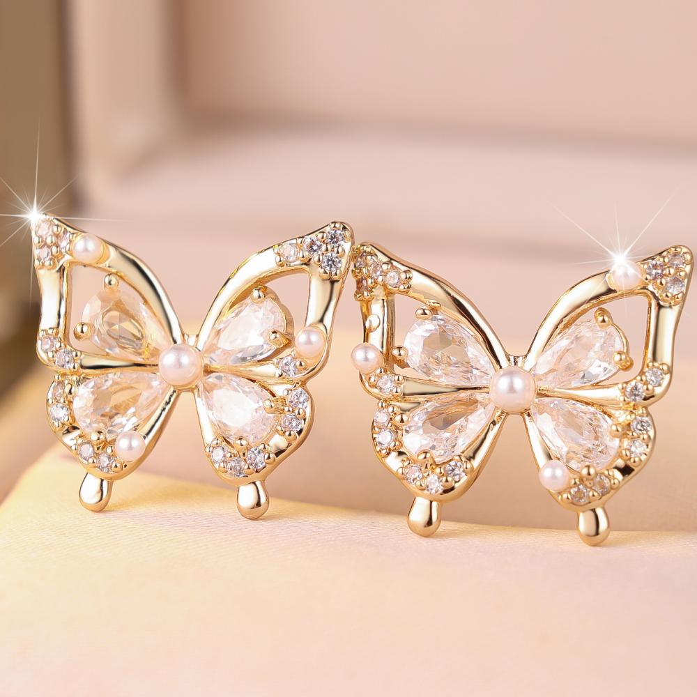 Elegant Gold Color Butterfly Shaped White Zircon Pearl Embellished Stud Earrings for Women Daily Party Gift