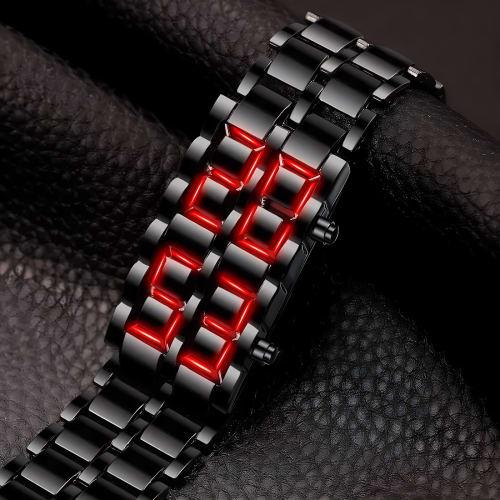 Fashionable Full Metal Digital Mule Watch for Men with LED Display, Perfect for Sports and Creative Gifts, Black and Red.