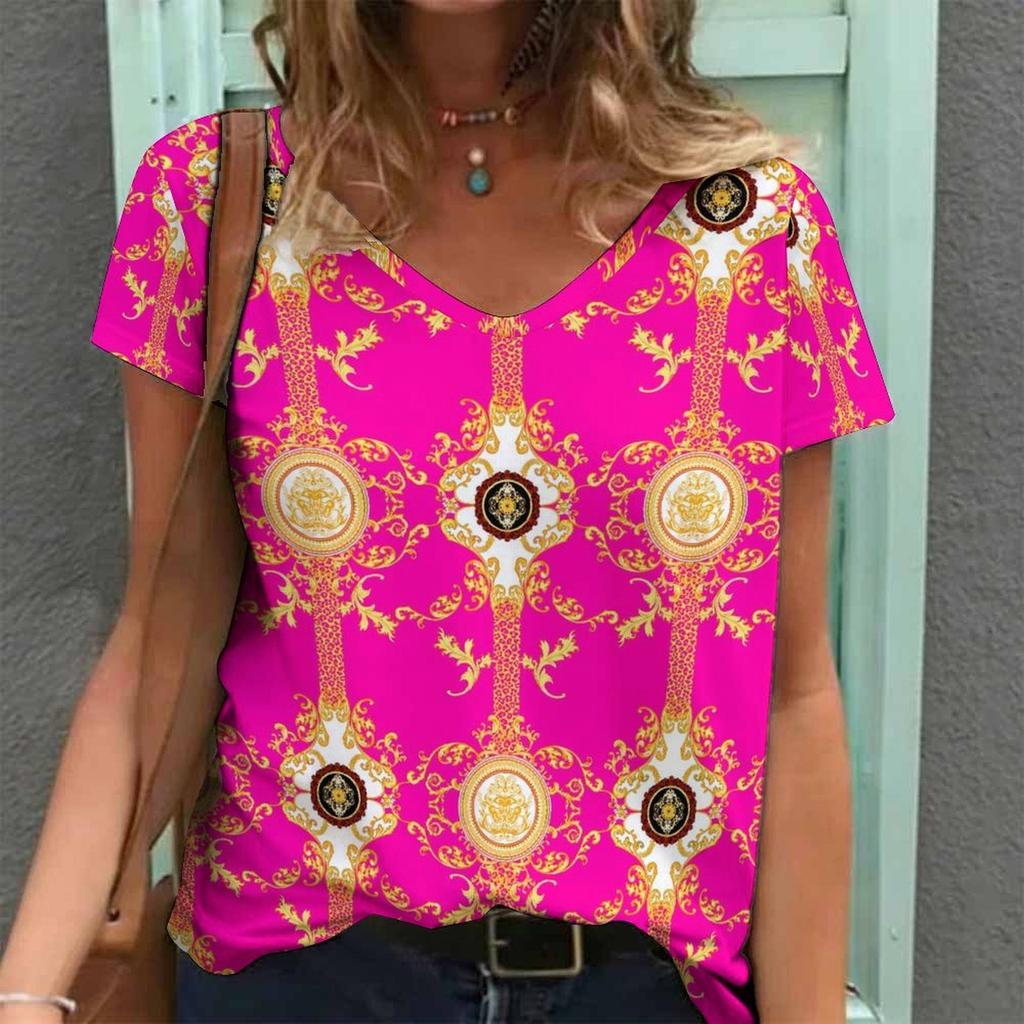 Women Print V Neck Short Sleeve Casual Loose Tunic Tops