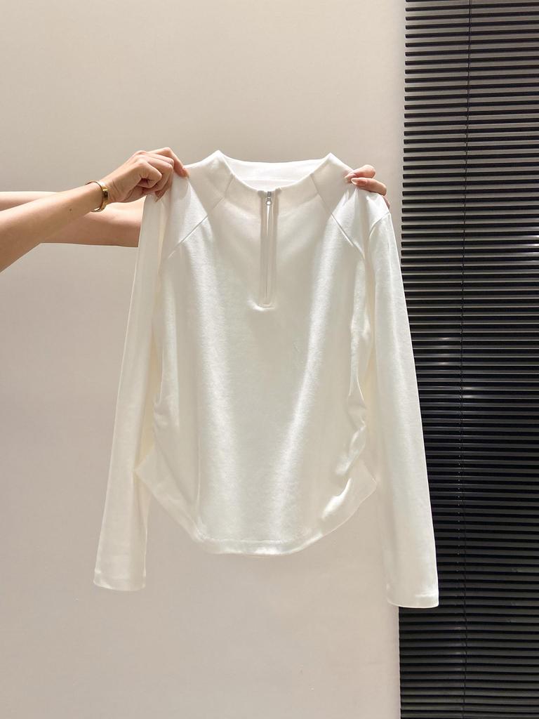 Women's Spring Fashion Long-Sleeve Top: Half-Open Collar, Zipper Style, Waist-Cinching Pleats, Regular Shoulder, Age-Reducing, Stylish Inner Wear