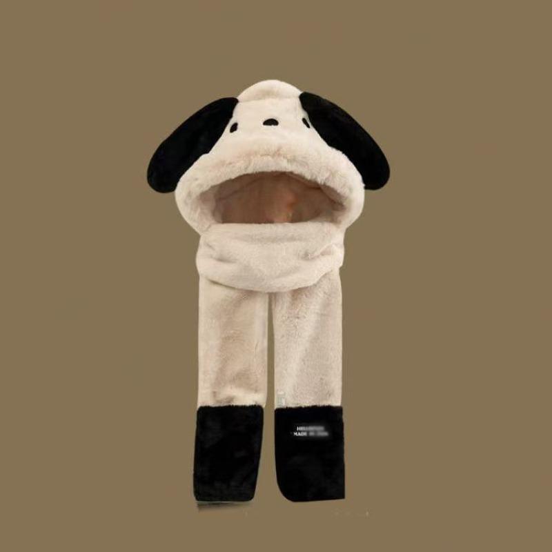 Cute cartoon Pacha plush puppy hooded scarf winter warm gloves hat ears scarf integrated three-piece set