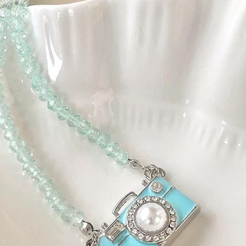 Vintage Camera Pendant Necklace With Crystal Beads 45Cm Adjustable Chain For Women Elegant Collarbone Jewelry Gift