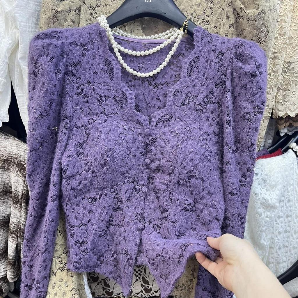 V-Ausschnitt Langarm Puffärmel Spitzenoberteil für Damen - Slim Fit Aushöhlungsdesign