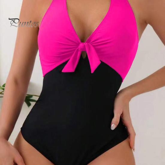 Women Sexy Summer Monokini Halter Deep V-Neck One-piece Swimsuit Patchwork Color Bowknot Decor High Waist Backless Beachwear