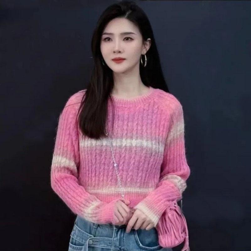 Pulover cu dungi curcubeu leneș pentru femei, primăvară 2023, francez, design avansat, sens, pulover pentru mulțime mică, pulover tricotat, top pentru femei