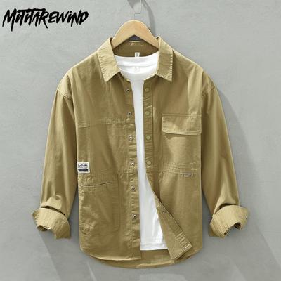Japanese Style Cargo Shirts for Men New Fashion Casual Long Sleeve 100% Cotton Mens Shirts Spring and Autumn Streetwear Loose Tops Youth