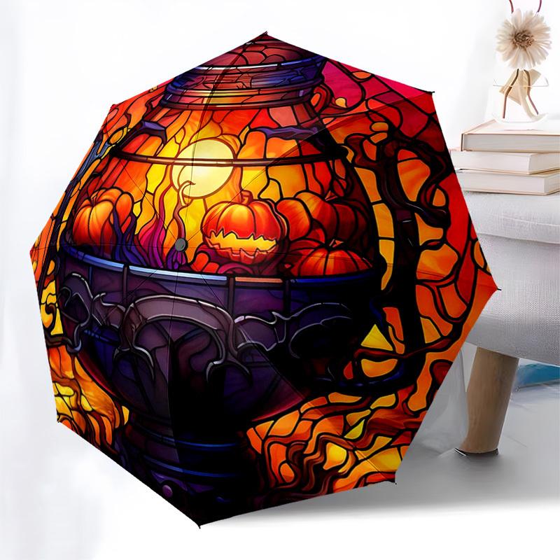 

1pc Stained Glass Halloween Pumpkins Auto Open Close Umbrella, Portable 3-Fold Design with 8-Bone Iron Frame, Outdoor Umbrella for Festivals, Travel,