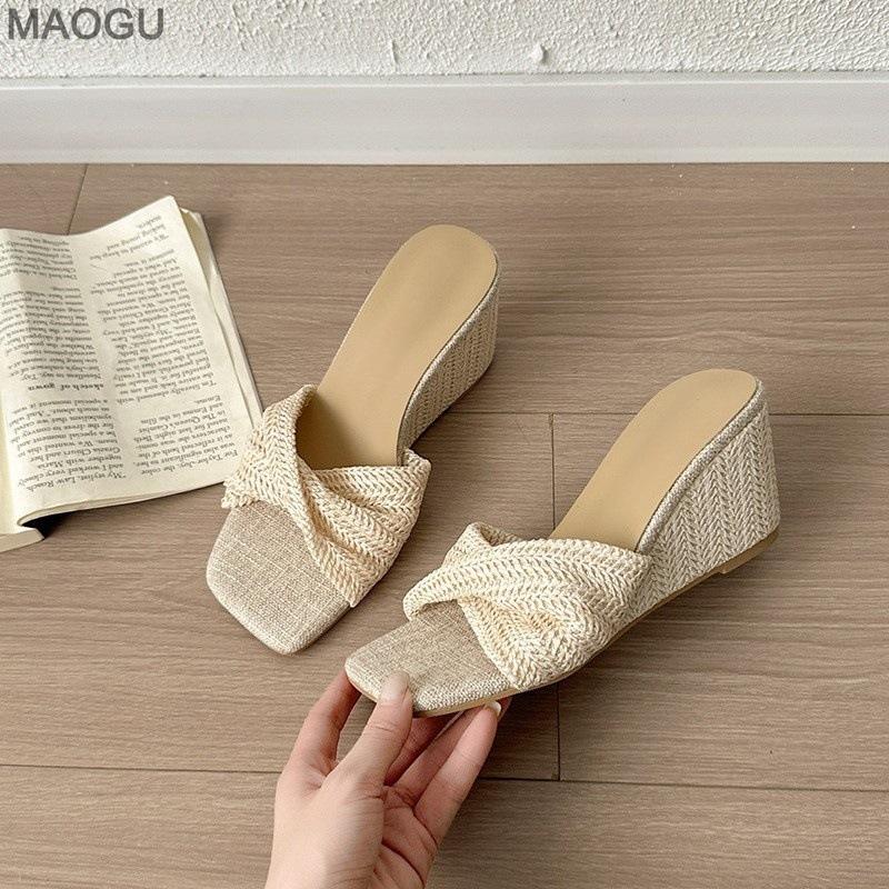 Wedges Heel Women's Fashion Slippers Square Toe Slip On Platform Shoes Pantuflas Mujer Ladies Elegant Casual Slides Beige Brown