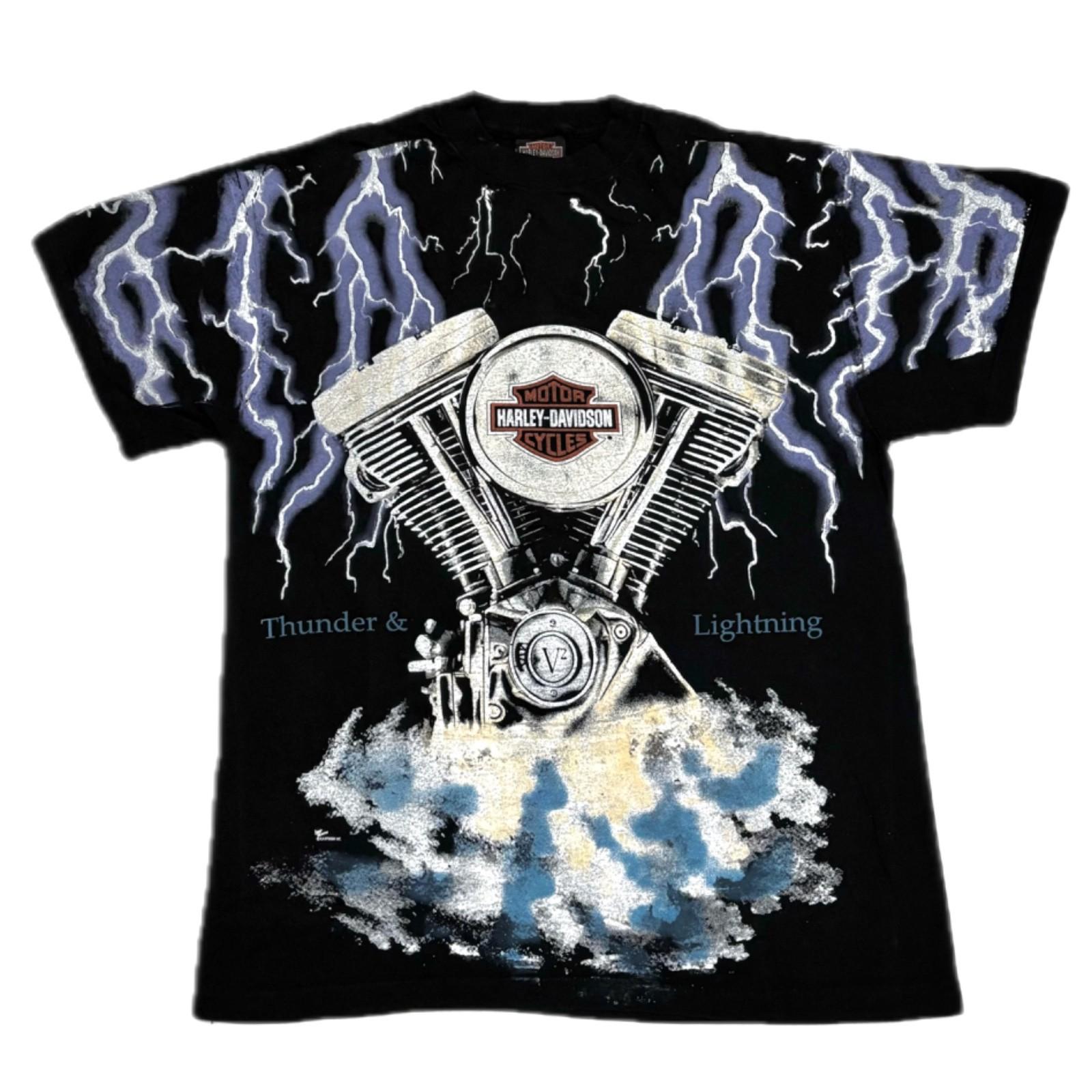 Vintage HARLEY DAVIDSON AOP Thunder & Lightning All Over Print XL Shirt REPRINT Unisex T-Shirt XXL