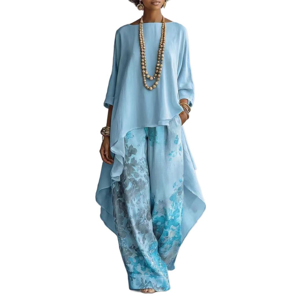 1116 new European and American style printing wide-leg pants set women's loose asymmetrical top two-piece set fashionable and casual cross