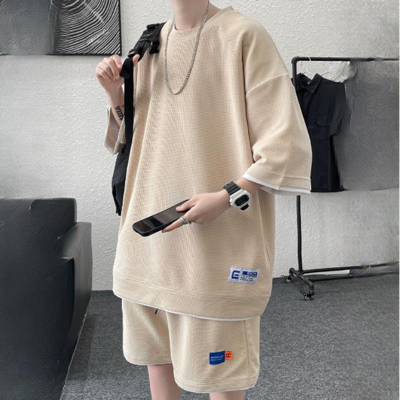 Waffle Suit Men's Summer Short-sleeved Fashion Loose T-shirt Shorts Casual Sports Suit