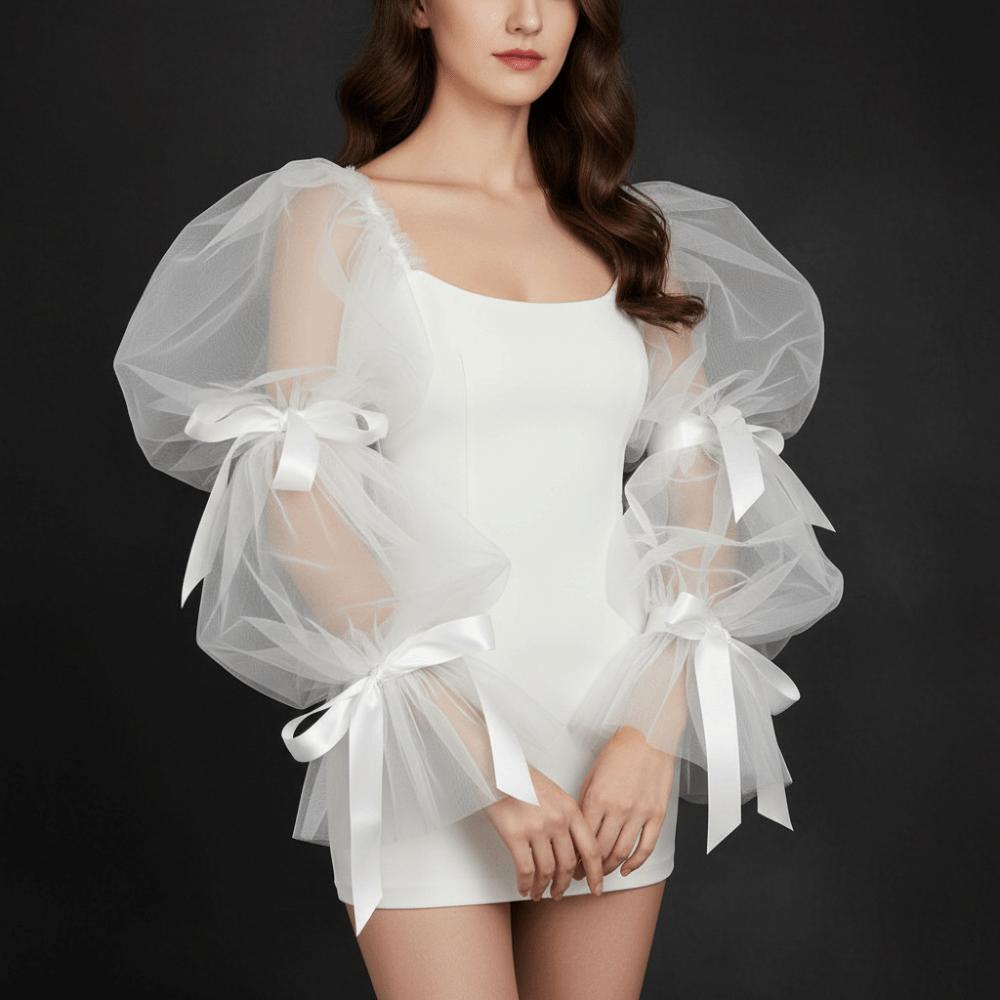 Thin Breathable Ruffled White Arm Sleeves Fairy Sleeves Detachable Bubble Sleeves Puffy Bowknot Long Arm Covers Photo Props