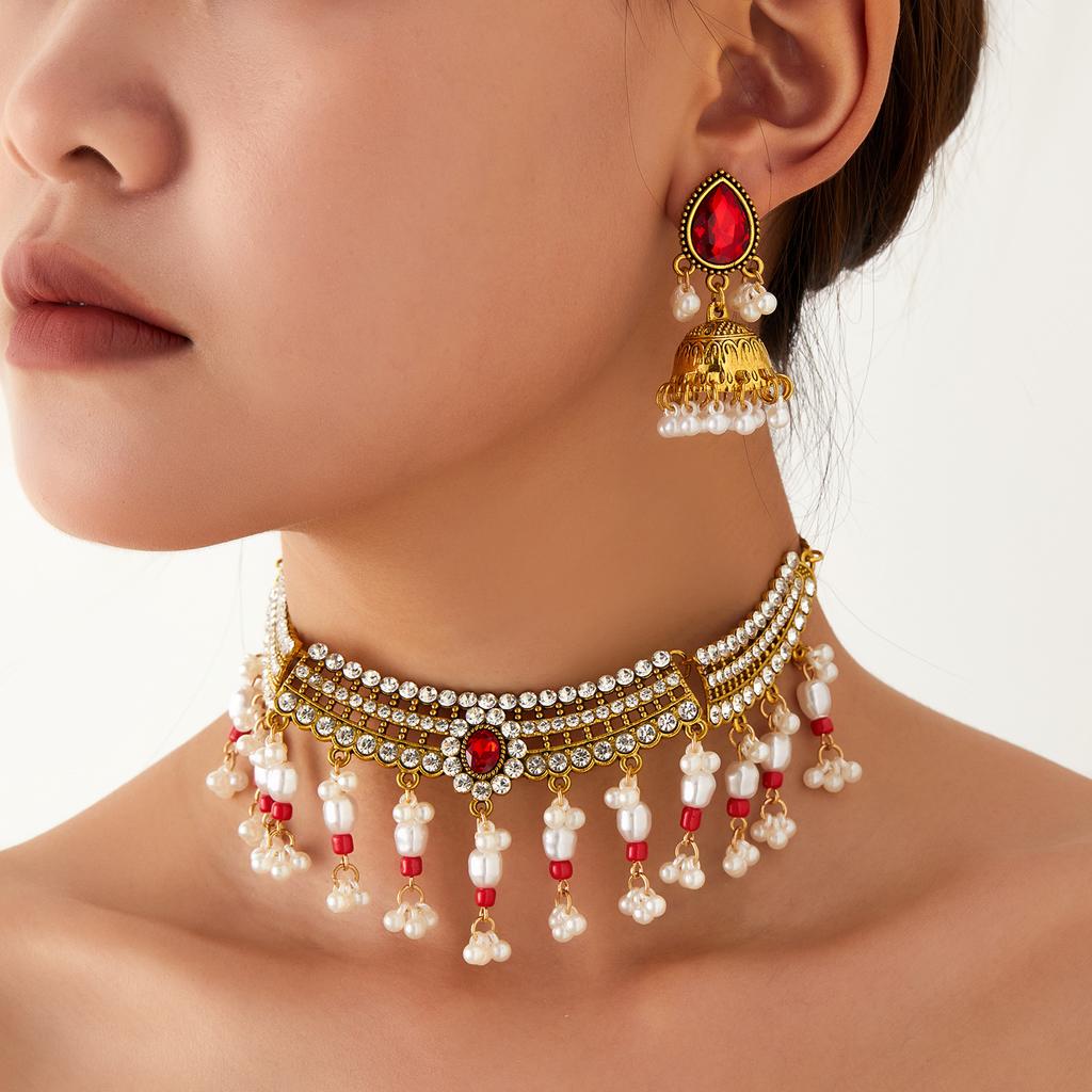 Böhmisches Retro-Halsketten- und Ohrring-Set, Leichter Geometrischer Schmuck für Damen