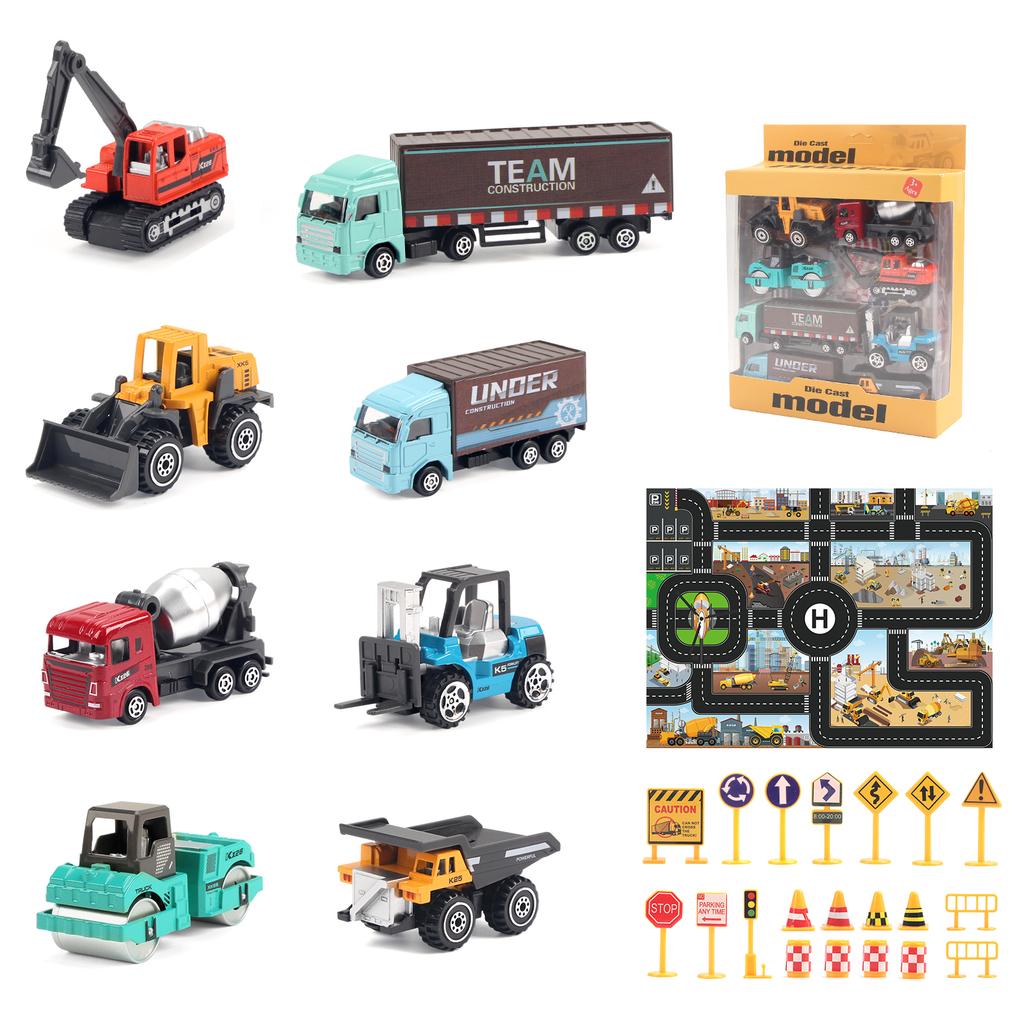 8pcs/set Alloy Engineering Truck with Mat&Road Sign Classic Construction Model Vehicle Loader Tractor Excavator Toy Car for Boys