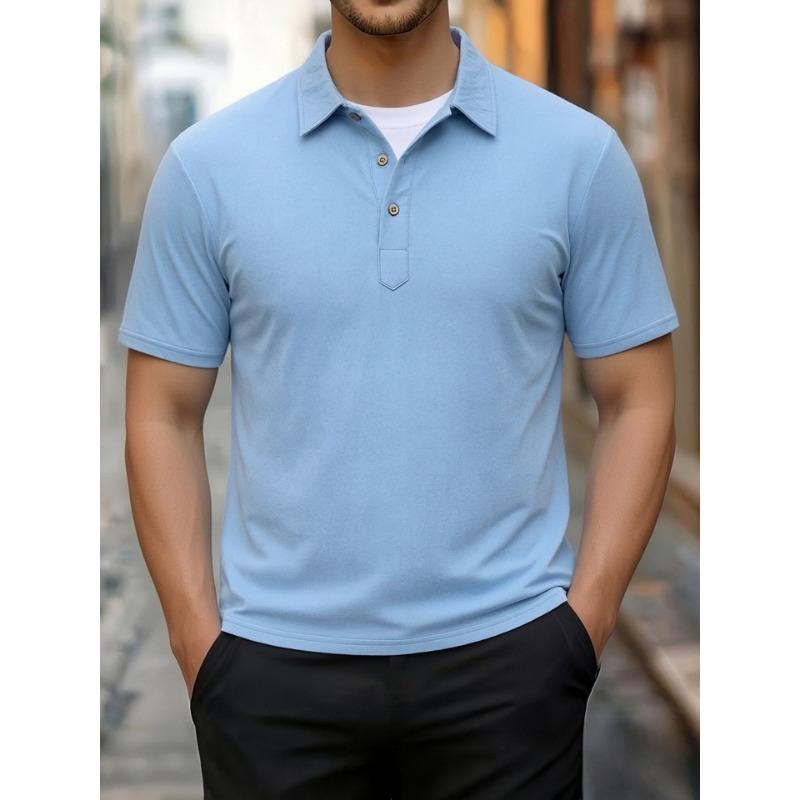Men Solid Linen Texture Lapel 3 Button Half Placket Short Sleeve Polo Shirt Multiple Colors