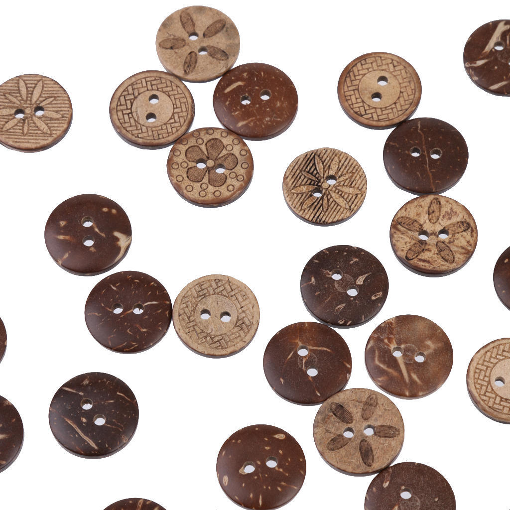 50pcs Carved Brown Round Coconut Wood Buttons for Sewing DIY Crafts