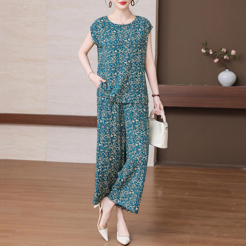 Plus Size Summer Pants Sets for Women Elegant Loose Vintage Print 2 Piece Outifts