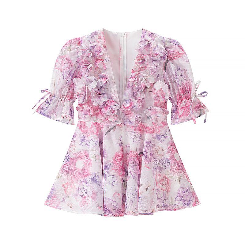 

Pink Fog Flower Banquet South French Holiday Beautiful Princess Dress Sexy V-neck Three-Dimensional Flower Romantic Vacation Atmosphere Dress Powder Mist Flower Feast L