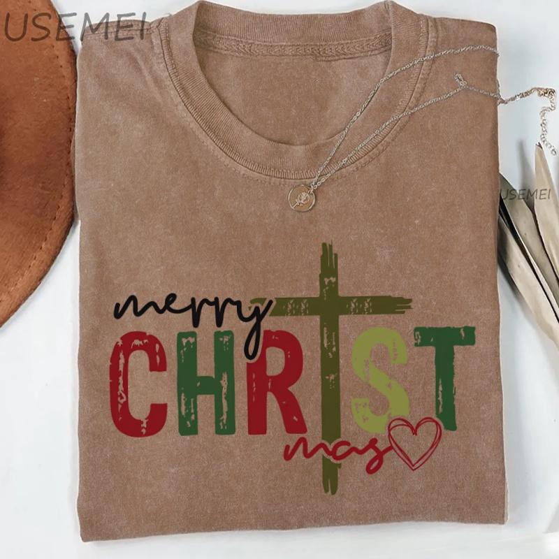 Merry Christmas Tshirt Jesus Christ Xmas Ready To Press Tshirt Christmas Cross T Shirt Women Men Retro Washed Printed Tshirt