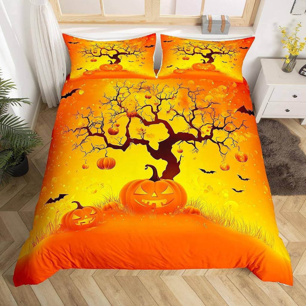 Halloween Bedding Set Full, Pumpkin Lantern Duvet Cover Castle Bat Pattern Comforter Cover, Cartoon Horror Festival Quilt Cover