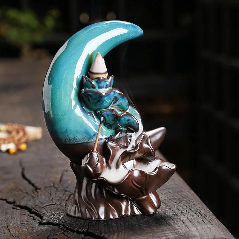 Zen Decorative Moon & Lotus Waterfall Backflow Incense Burner Incense Sticker Holder Home Decor Creative Home Aromatherapy Gift
