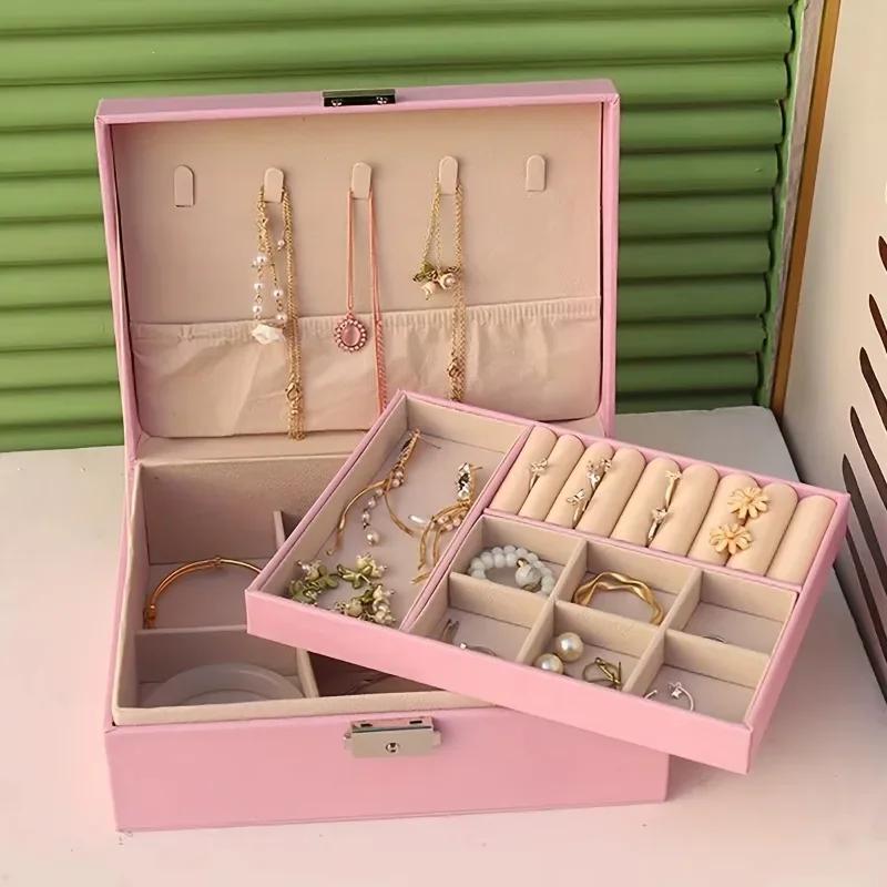 1pc- Portable Jewelry Box Jewelry Organizer Display Travel Jewelry Case Boxes Button Leather Storage Jewelers