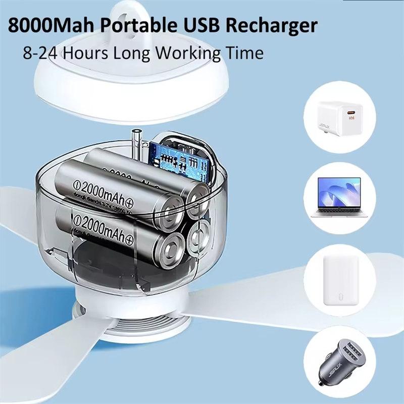 Portable Ceiling Fan for Camping Tent, 8000mAh Rechargeable, Wireless, Remote Control, with Light, Air Circulator for Outdoor, Indoor, and Canopy Use